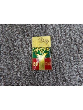 Vintage Soviet Enamel Pin With Snowflake Design Rectangular Shape Red/Green/Gold